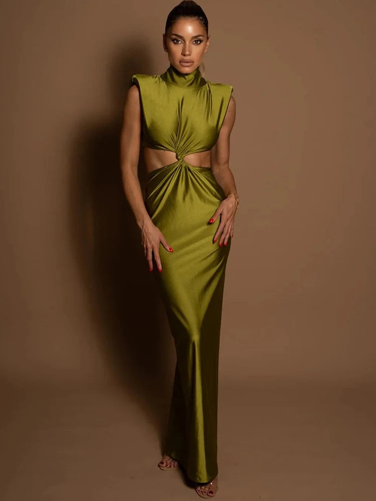 Mozision Hollow Out Turtleneck Sexy Maxi Dress For Women Fashion Solid Sleeveless Bodycon Tank Dresses Femme Club Party Dress green