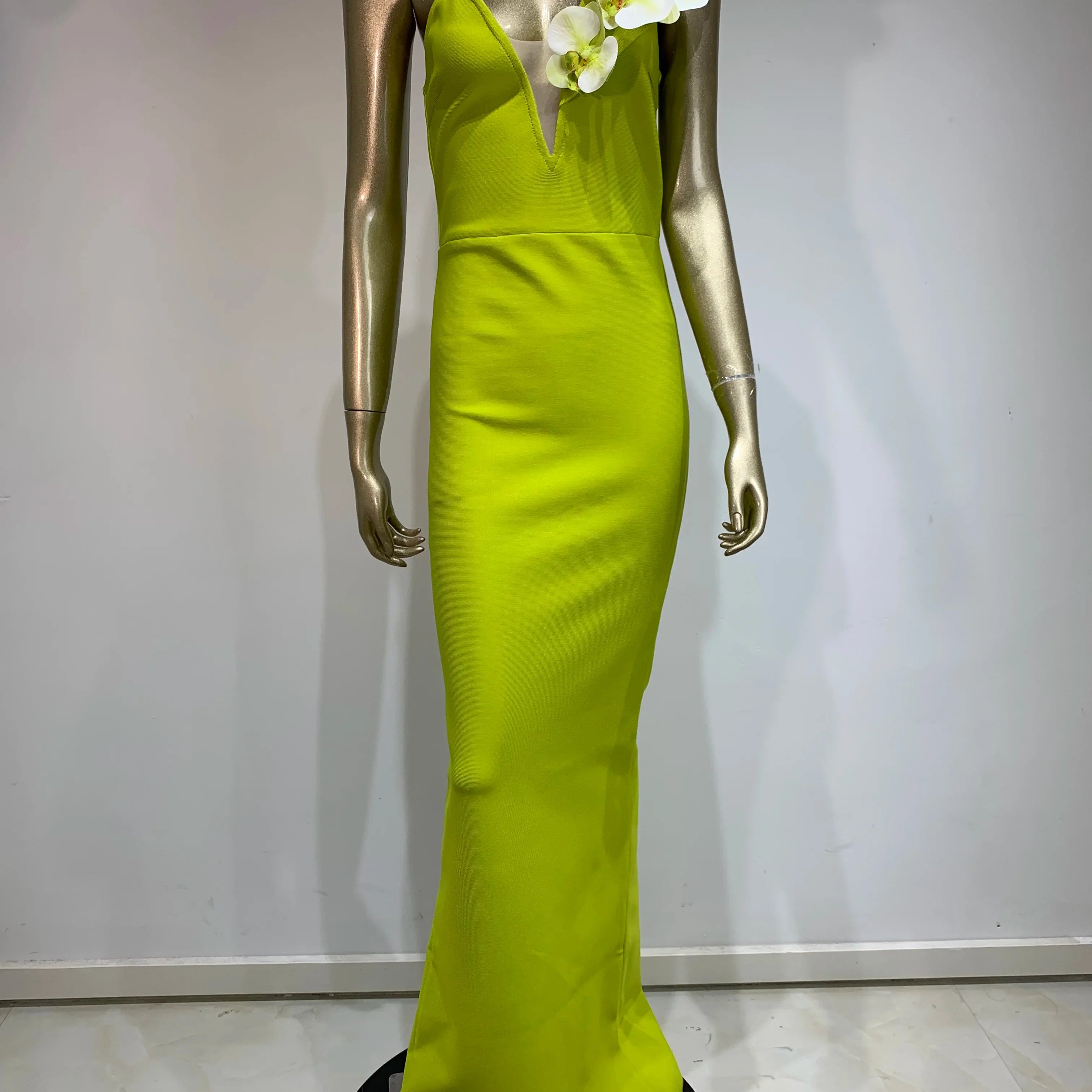 Women Celebrity Sexy One Shoulder Green Flower Maxi Long Bodycon Bandage Dress Elegant Evening Club Party Dress