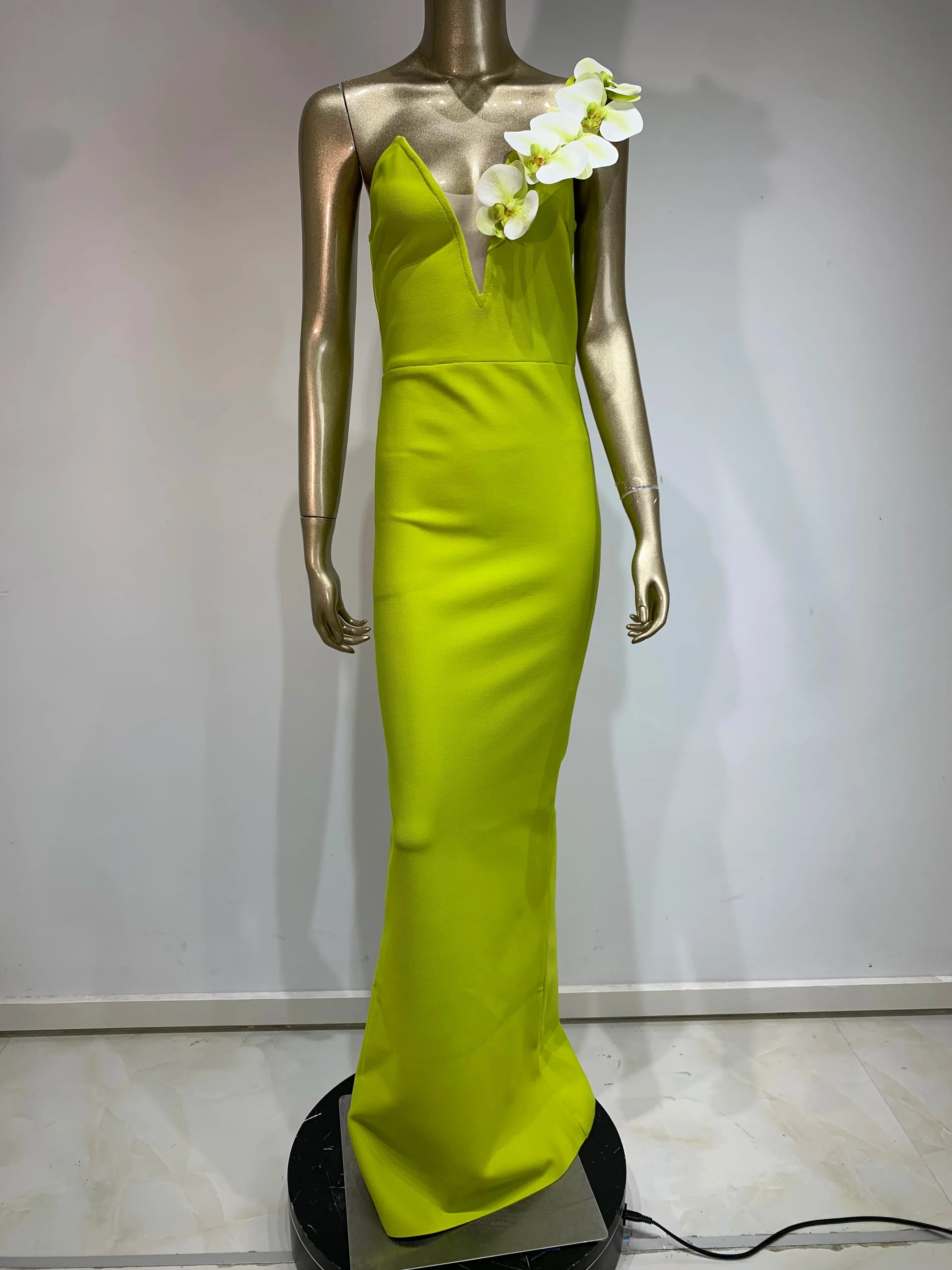 Women Celebrity Sexy One Shoulder Green Flower Maxi Long Bodycon Bandage Dress Elegant Evening Club Party Dress