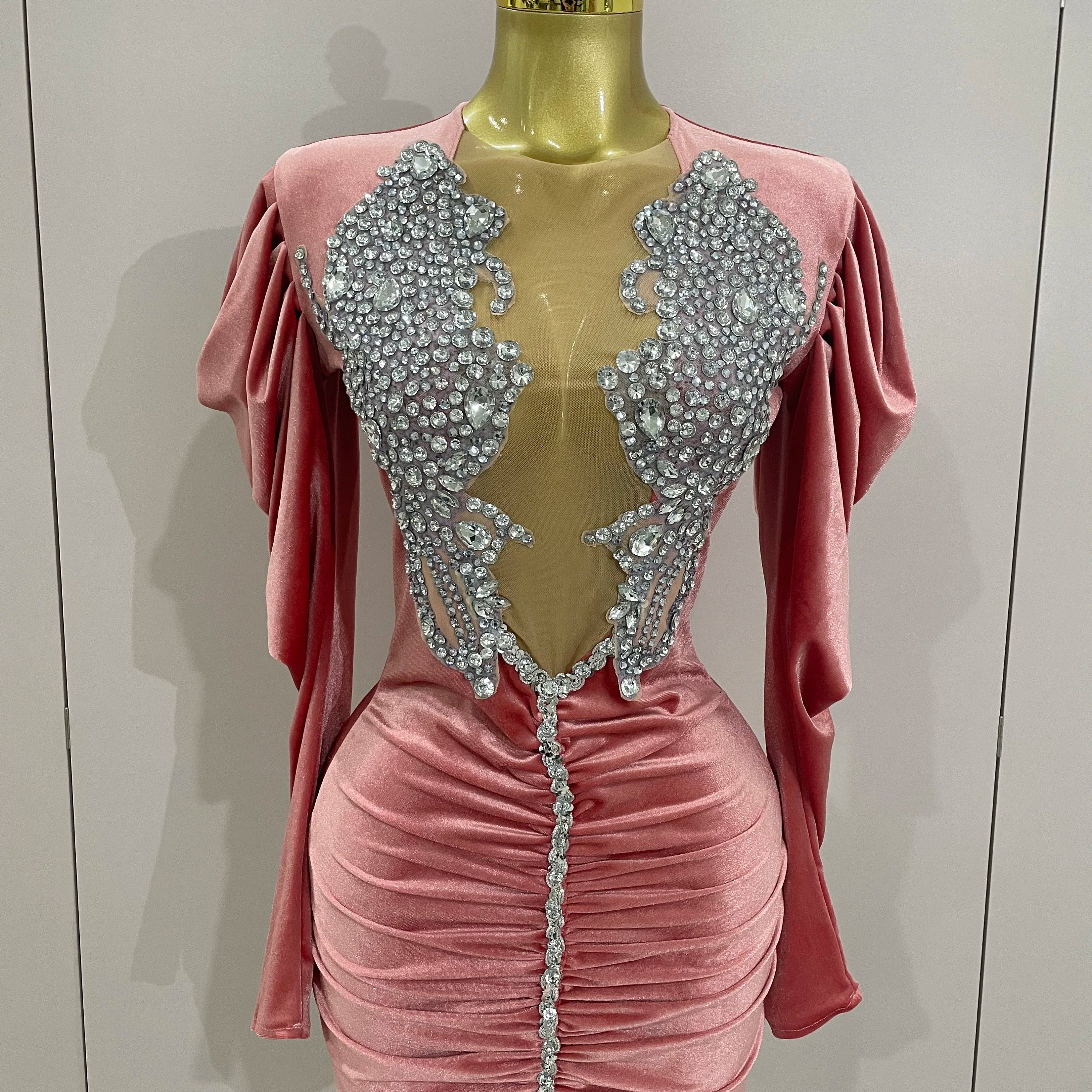 Luxury Sparkly Crystals Sexy Mesh White Velvet Short Dress 2025 Women Elegant Evening Prom Birthday Party Dresses Stage Costume Pink