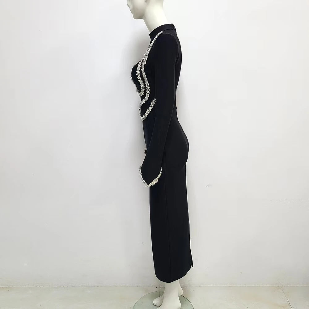 Women Long Sleeve Sexy Sparkly Crystal Bodycon Long Bandage Dress Fashion Celebrate Evening Party Dress Wholesale