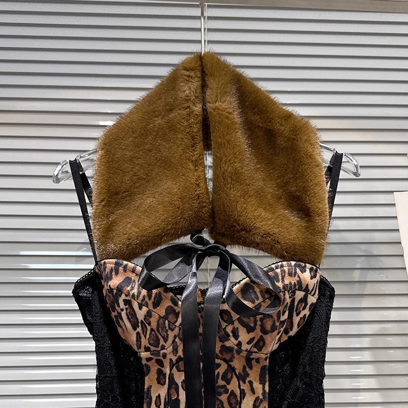 Winter New Trendy Fashion Furry Tie Shawl For Women Leopard Print Fishbone Backless Strap Camisole Female 11A07942