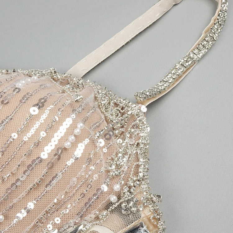 Glamorous Silver Sequin Spaghetti Strap Maxi Dress Gown with Cut-Out Detail and High Slit for Red-Carpet Galas