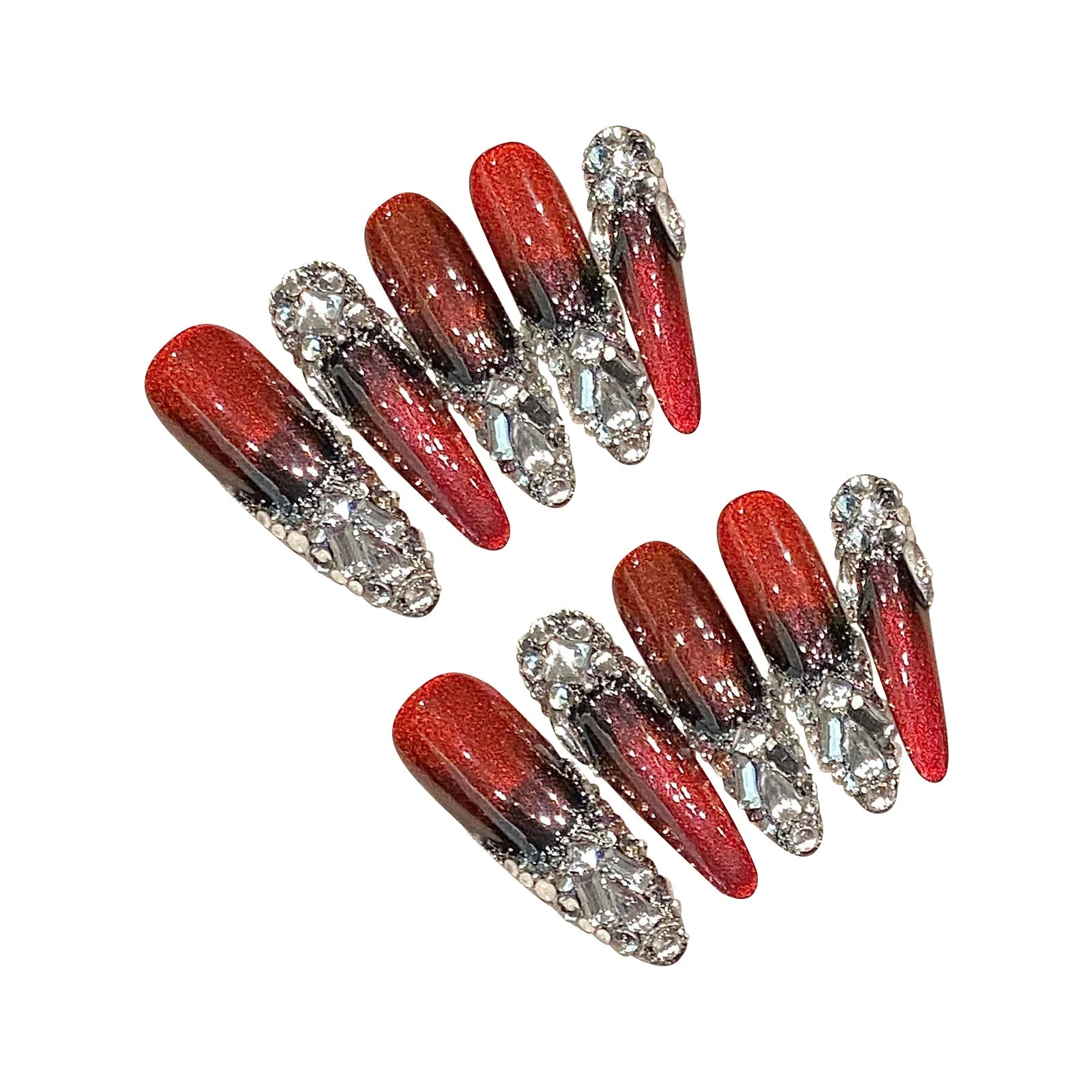 10pcs Wine-red Super Long Almond False Nails Handmade Full Shiny Diamond French Press On Nails Glossy Cat's Eye Luxury Fake Nail
