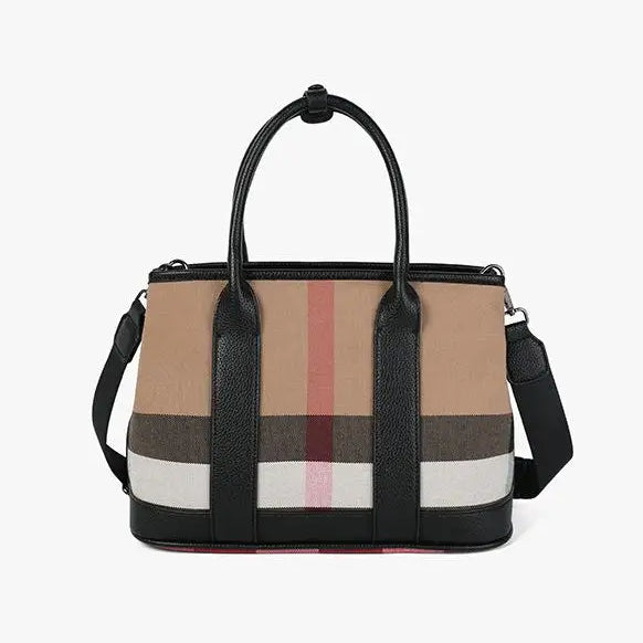 Black Female Bag Designer Luxury Handbags Plaid Printed Women Hand Bag Wide Strap Canvas Pu Leather Shoulder Bag Lady Purse Black Women Bags 33cm X 14cm X 23cm