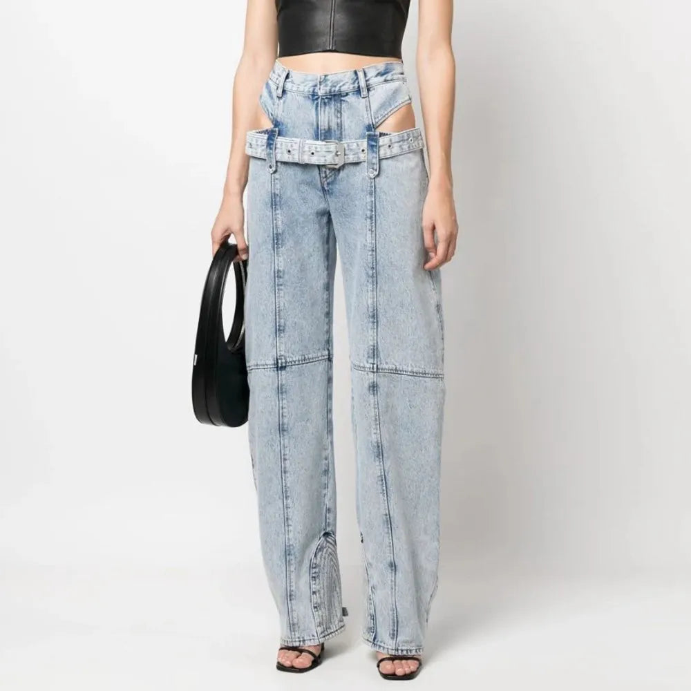 Casual Cut Out Denim Trousers For Women High Waist Patchwork Belt Vintage Streetwear Jean Female Fashion Clothing Blue