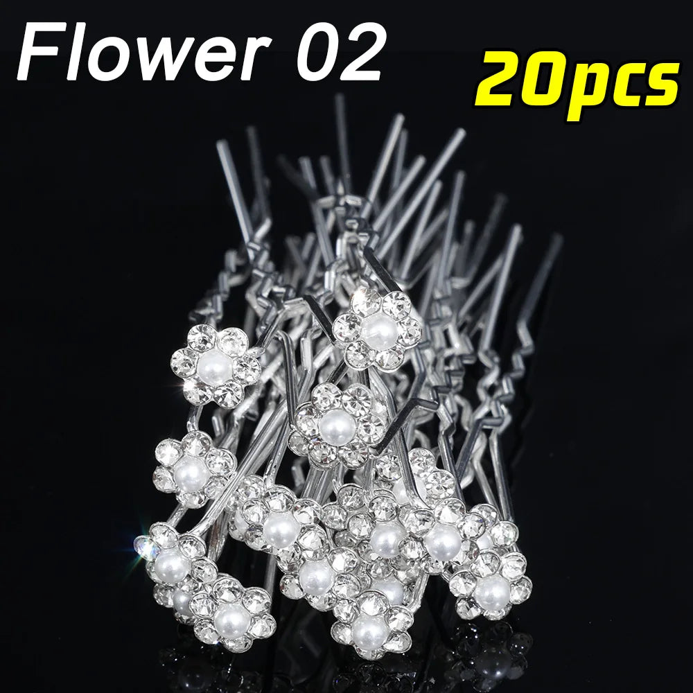 20pcs Pearl Crystal Hairpin Elegant Wedding Bridal U-shaped Metal Hair Comb Forks for Women Hairstyle Clips Jewelry Accessories Flower 02