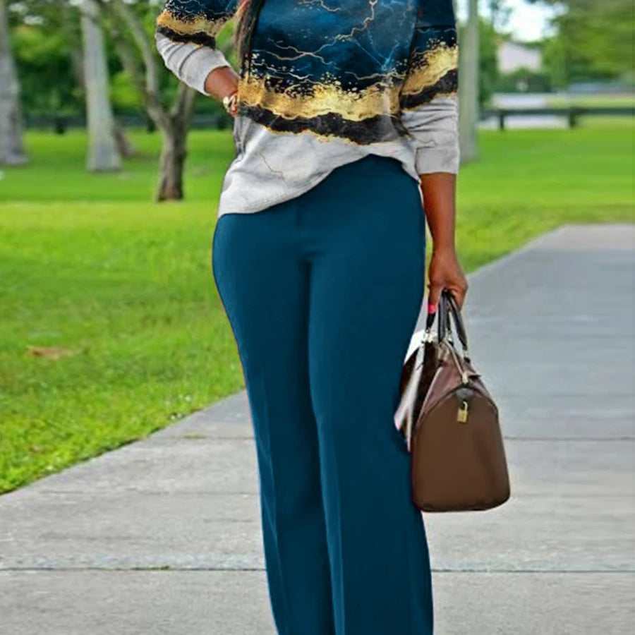 LW Plus Size V Neck Mixed Print Side Split Pants Set Casual Long Sleeve Top Fashion Loose Two Piece Set Outfit Blue