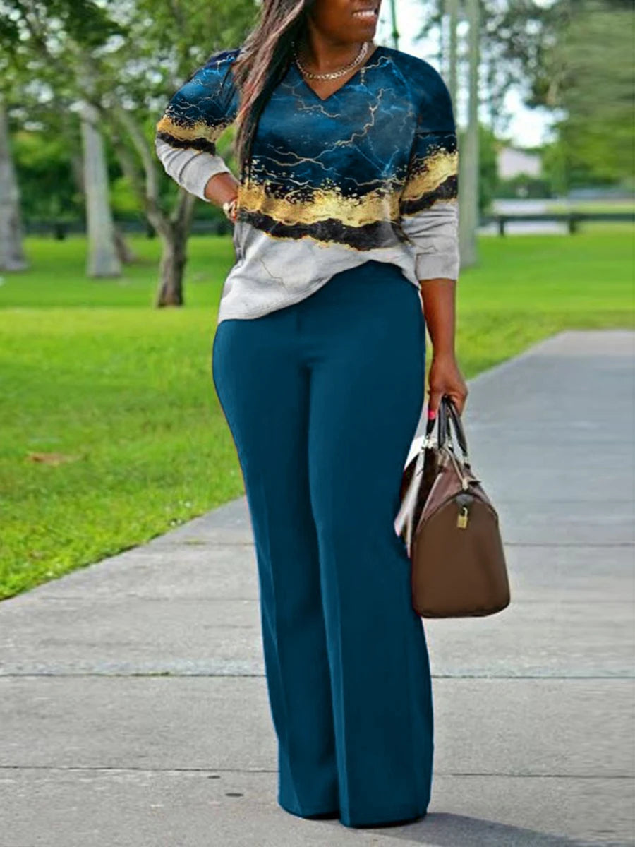 LW Plus Size V Neck Mixed Print Side Split Pants Set Casual Long Sleeve Top Fashion Loose Two Piece Set Outfit Blue