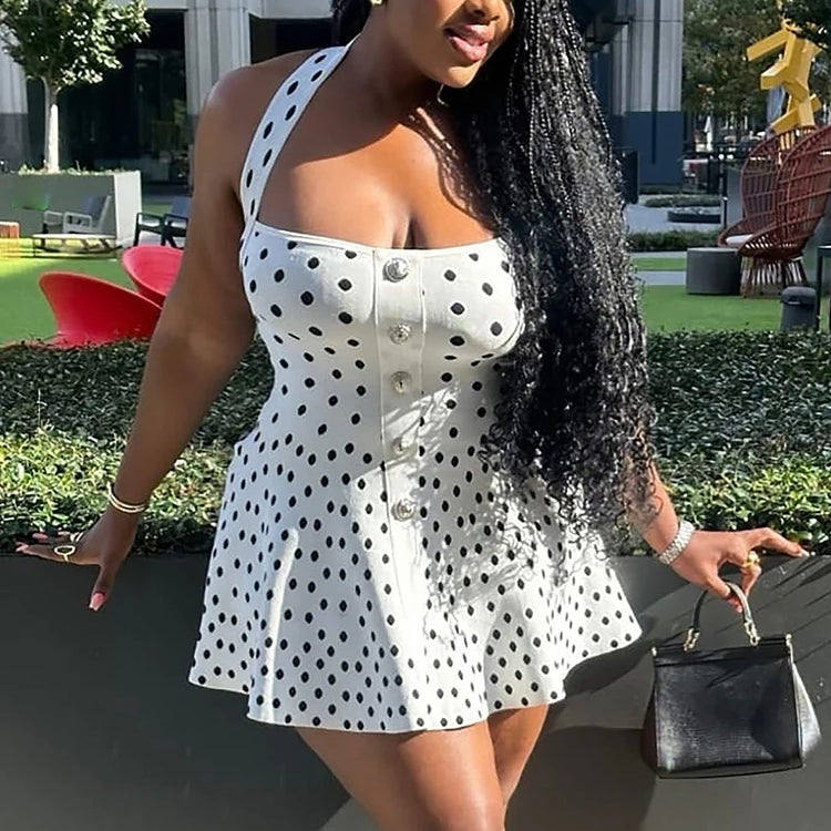 Mozision Halter Backless Polka Dot Dress For Women Fashion Square Collar Sleeveless High Waist A-line Knit Mini Dress Elegant White