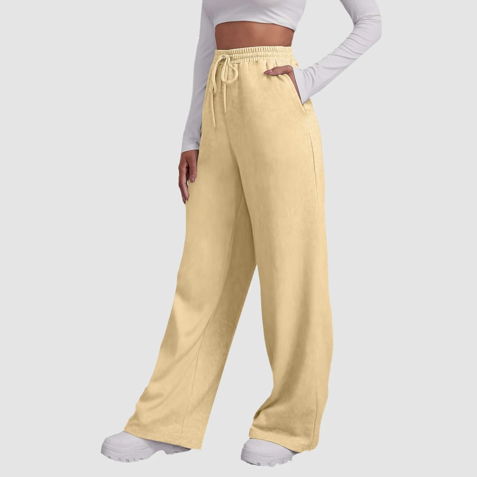 Wide Leg Pants For Women’S Fleece Lined Sweatpants Straight Pants Bottom All-Math Plain Fitness Joggers Travel Basic Pants Khaki-C