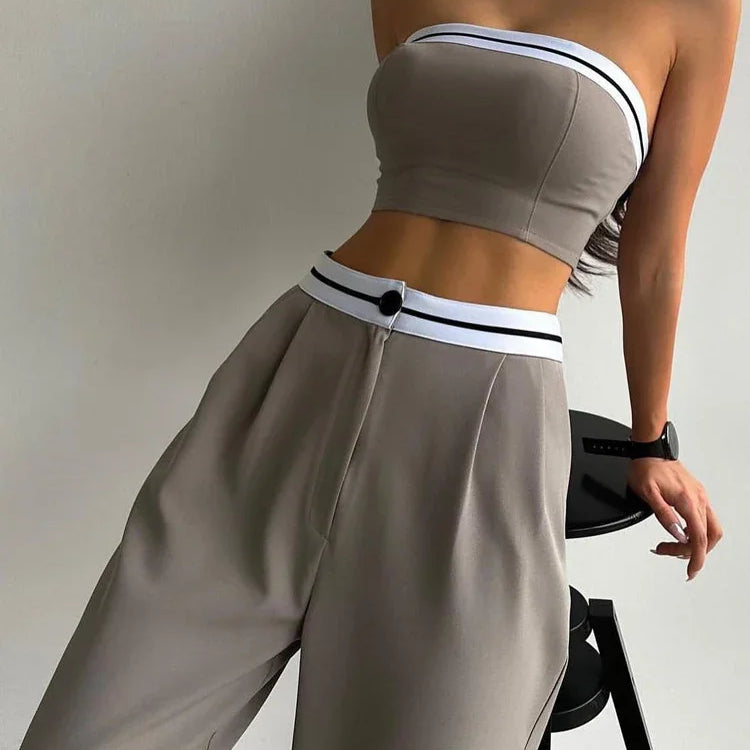 Black Women's Tracksuit with Boob Tube Top Slash Neck Contrast Color Wide Leg Trousers Suit for Women Sexy Two Piece Set Outfit