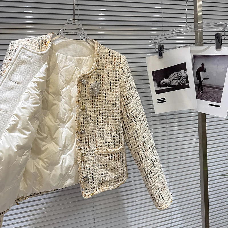 Winter New Fashion Rhinestone Brooch Knitted Tweed Cotton Jacket For Women Elegant Short Coat Female Trendy 11A07869