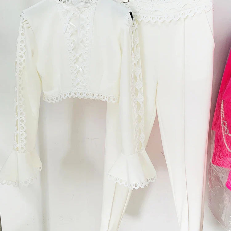 HIGH STREET Newest Designer Suit Set Women's Flare Sleeve Hollow Out Lace Trimmed Tops Blouse Pencil Pants Set