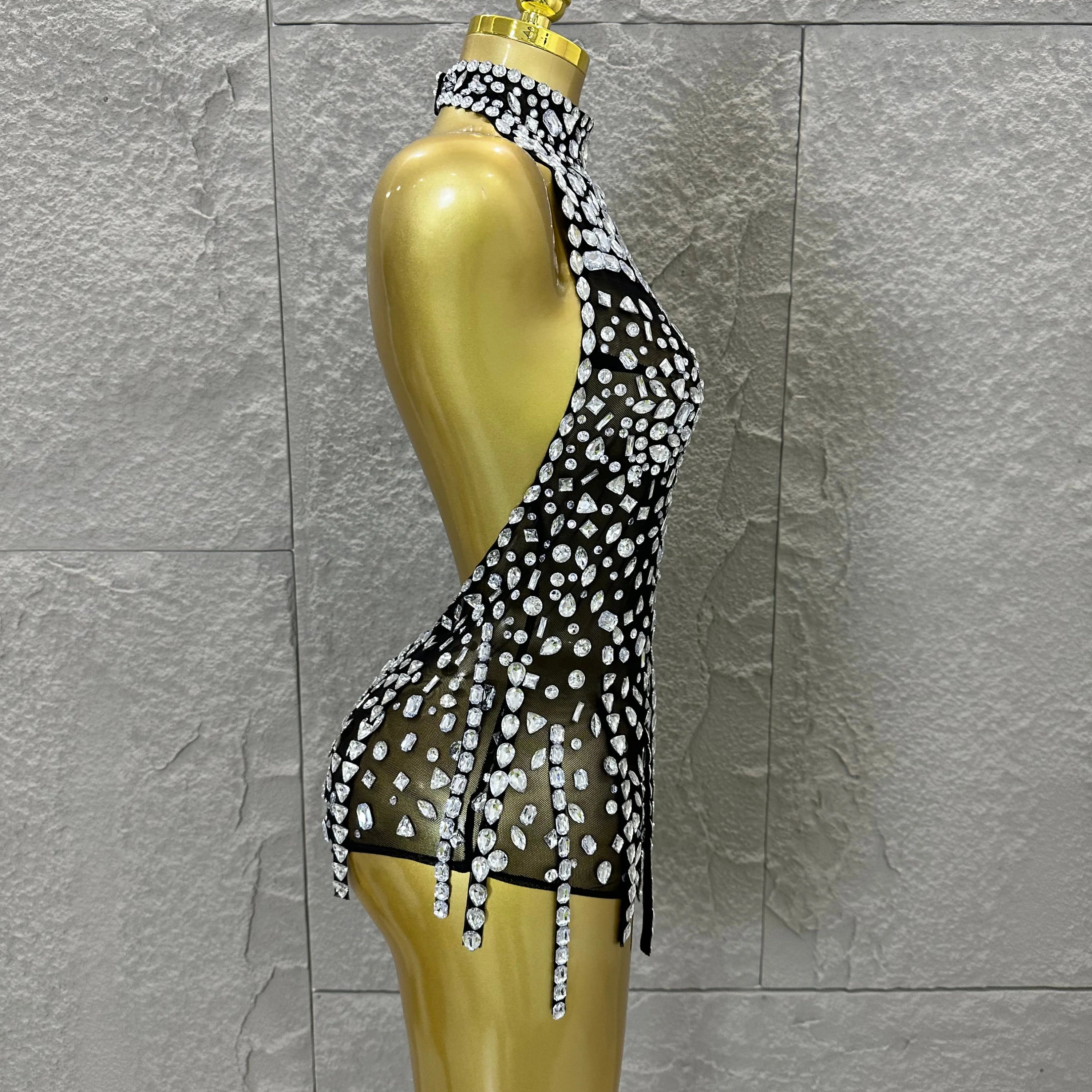 Pink Nude Sleeveless Bodysuit Women Sheer Mesh Crystal Rhinestone Embellished Formal Event Performance Costume