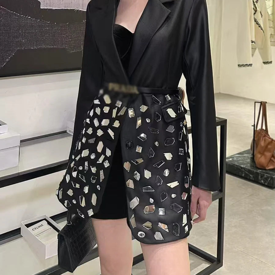 Spliced Diamonds Luxurious Jackets for Women Lapel Long Sleeves Patchwork Single Breasted Fashion Jacket Female New