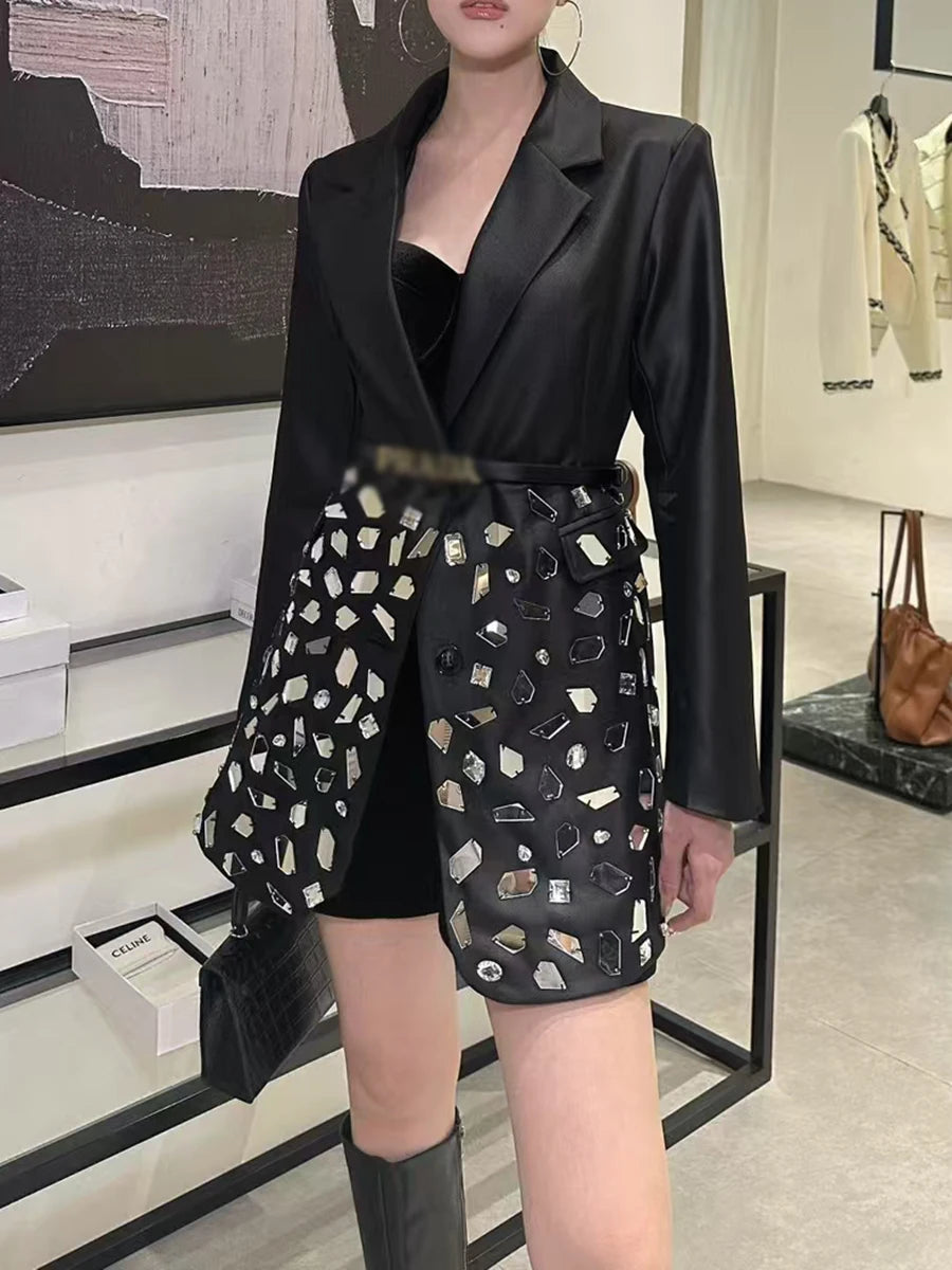 Spliced Diamonds Luxurious Jackets for Women Lapel Long Sleeves Patchwork Single Breasted Fashion Jacket Female New
