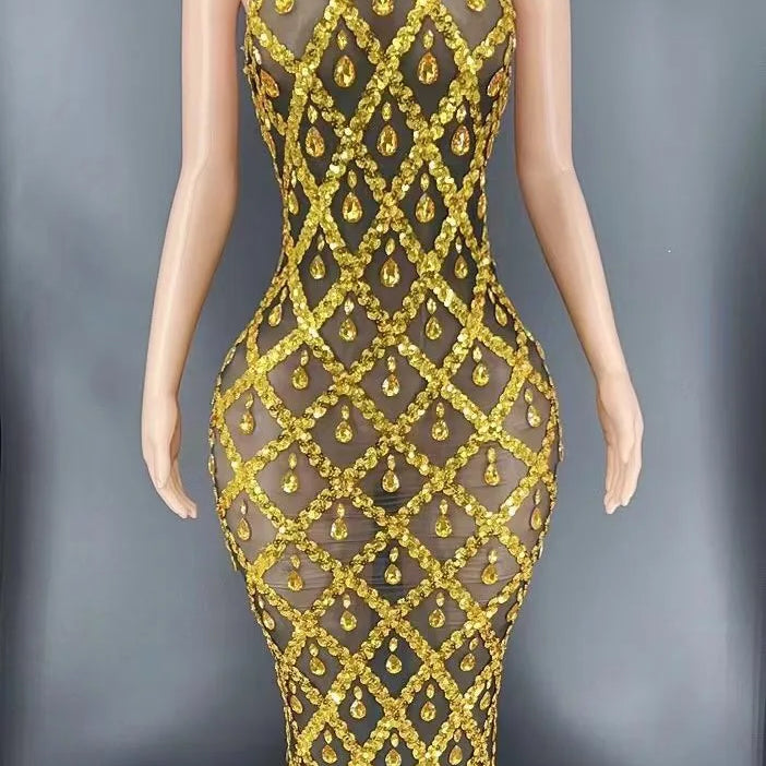 Flashing Silver Rhinestone Crystals Fringes Transparent Short Dress Birthday Celebrate Costume Evening Dancer Dress Gold