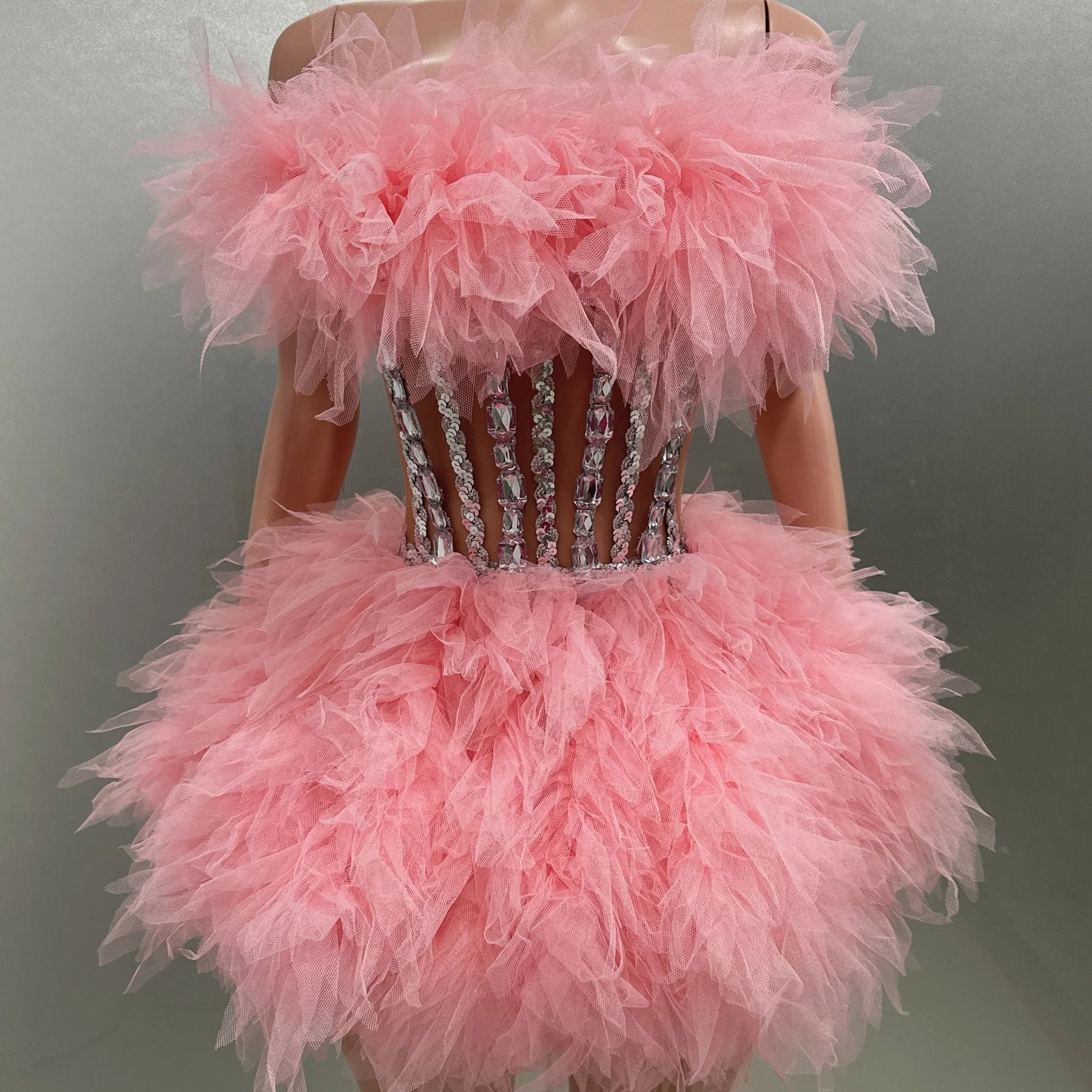 Hot Sale Women Sexy Mesh Ruffles Ball Gown Mini 2 Pieces Dress Lace-up Crystal Birthday Party Celebrate Nightclub Wear Pink