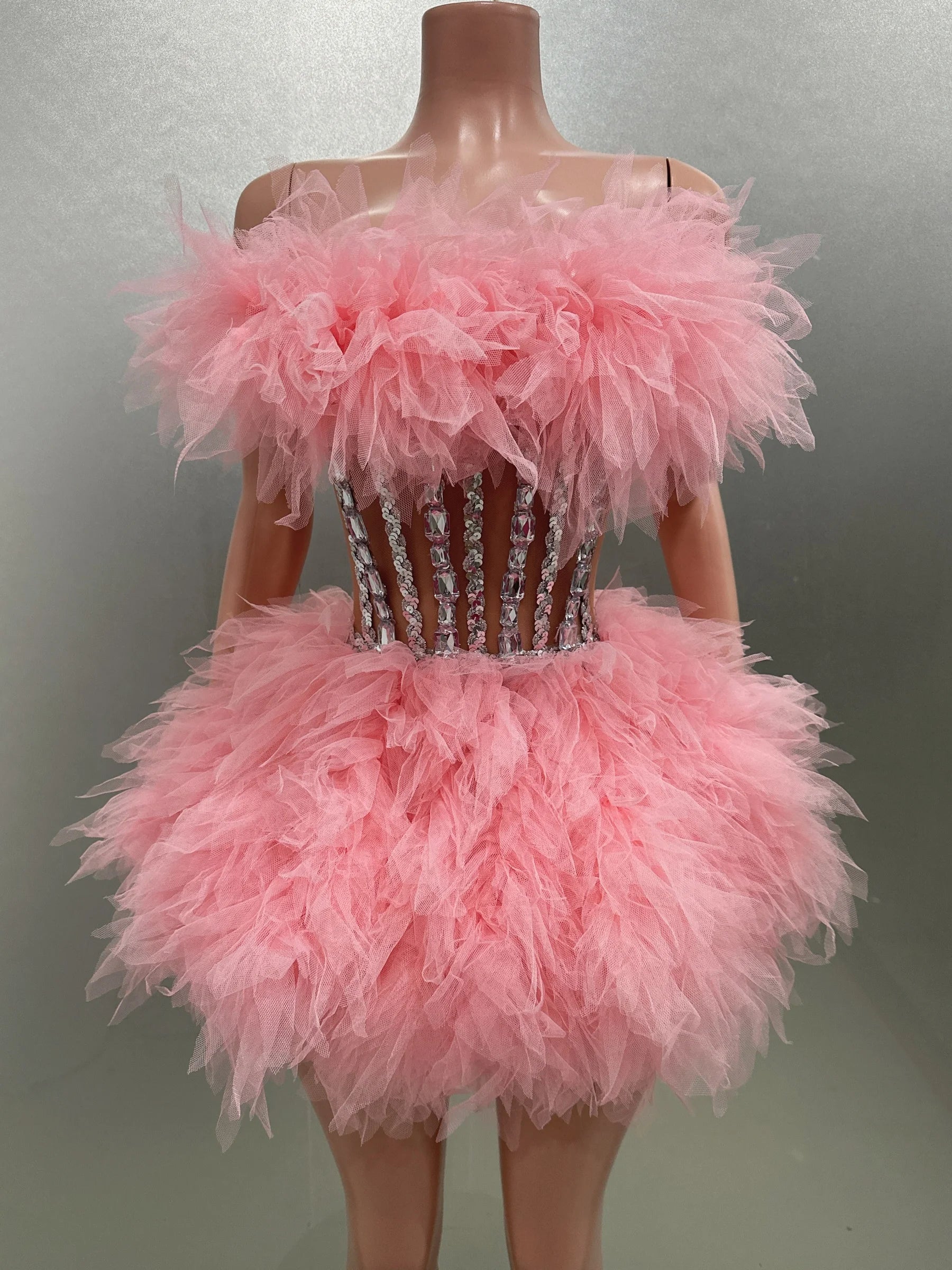 Hot Sale Women Sexy Mesh Ruffles Ball Gown Mini 2 Pieces Dress Lace-up Crystal Birthday Party Celebrate Nightclub Wear Pink