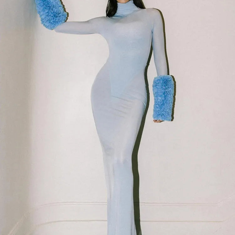 New Women Celebrity Sexy Long Sleeve Mesh Sky Blue Maxi Long Bodycon Dress 2024 Elegant Evening Club Party Outfit