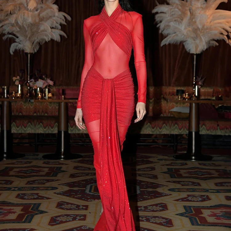 Bright Red Ruched Long Dress Diamonds Embellished Long Sleeve Mesh Patchwork Draped Celebrity Evening Party Gown
