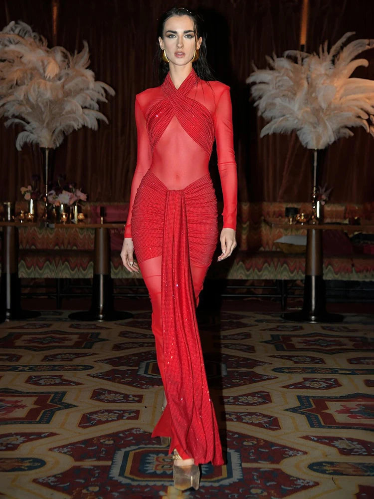 Bright Red Ruched Long Dress Diamonds Embellished Long Sleeve Mesh Patchwork Draped Celebrity Evening Party Gown