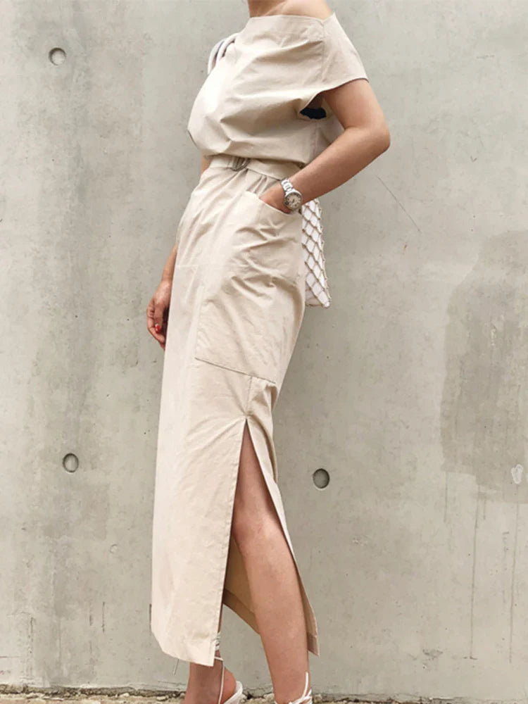 Asymmetrical Sashes Dress For Women Slash Neck Short Sleeve High Waist Casual Dresses Female Fashion New Clothing