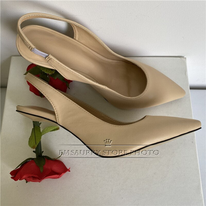 Rose Flower Strange Heel Women Pumps Sexy Pointed Toe Slingbacks Luxury Genuine Leather Slim Dress Shoes For Girls