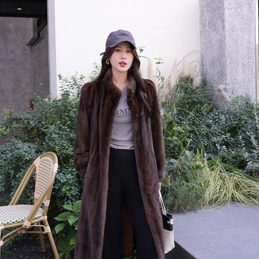 Lautaro Winter Long Luxury Elegant Stylish Thick Warm Fluffy Soft Brown Faux Mink Fur Coat Women Puff Sleeve Stand Collar 2025