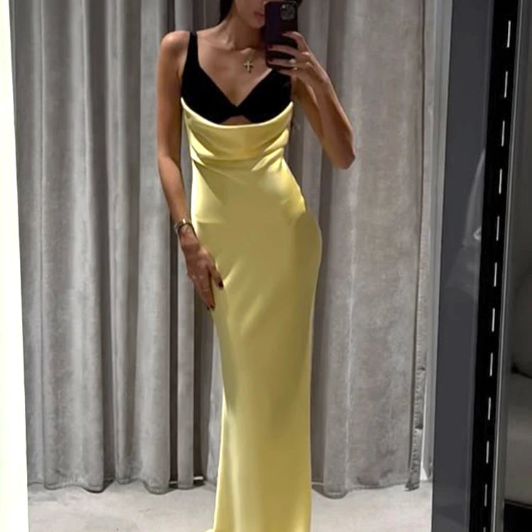 Women Cut-out Long Dress Temperament Contrast Color Combo V Neck Suspender Backless Slit Slim Mermaid Party Evening Gowns