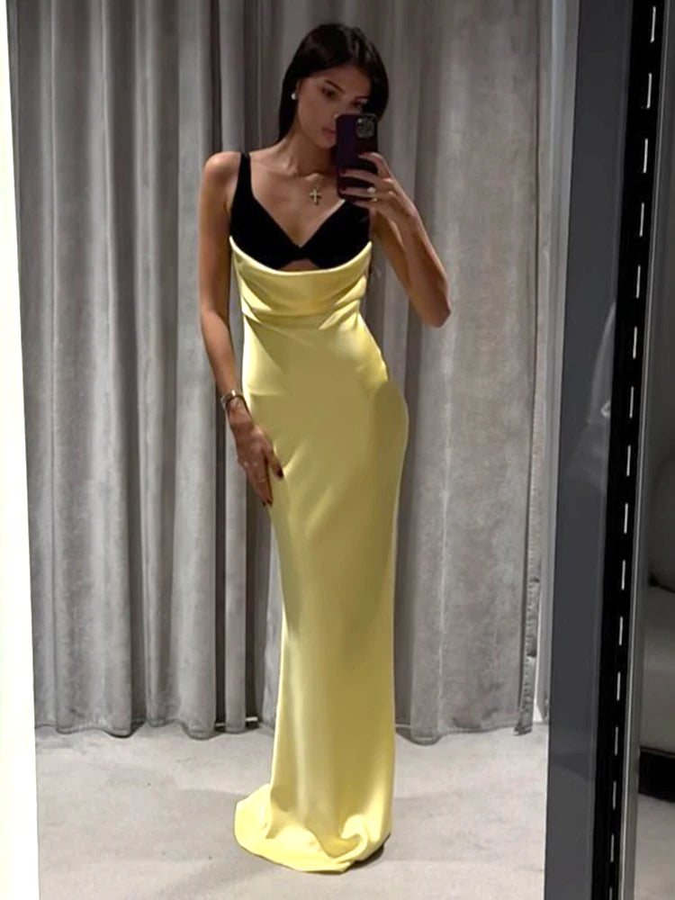 Women Cut-out Long Dress Temperament Contrast Color Combo V Neck Suspender Backless Slit Slim Mermaid Party Evening Gowns