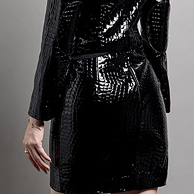 Lautaro Spring Shiny Reflective Black Crocodile Print Patent Faux Leather Mini Skirt Women High Waist Luxury Designer Clothes