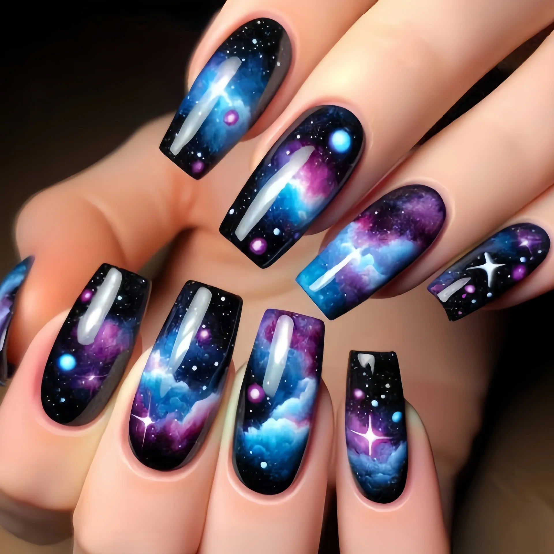 24pcs/set Medium long square fake nails for women starry sky gradient black blue purple moon star design press on false nails 1793