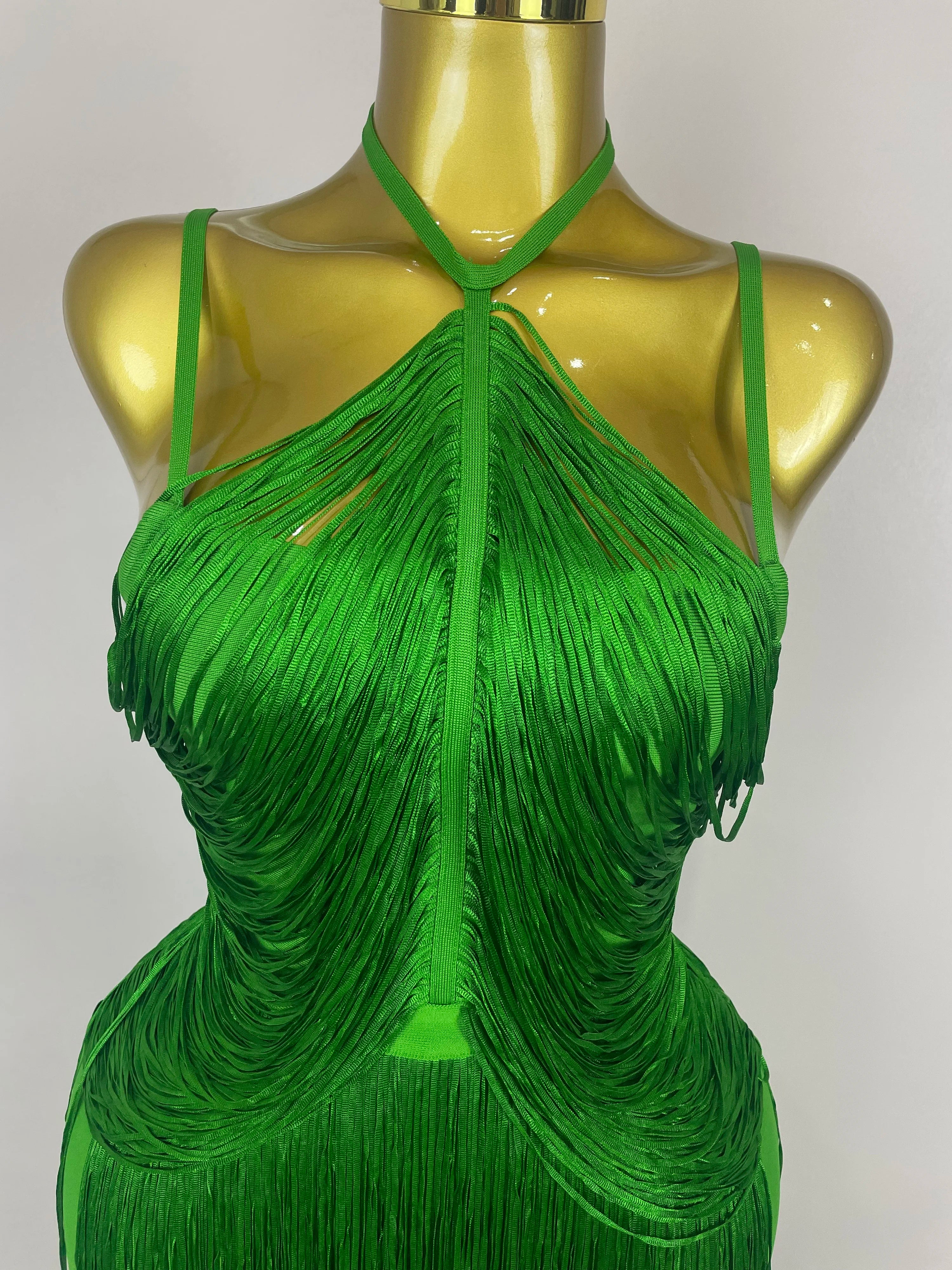 Sexy Backless Green Tassel Ankle Bodycon Bandage Dress 2025 Women Celebrity Elegant Evening Club Luxury Birthday Party Outfit