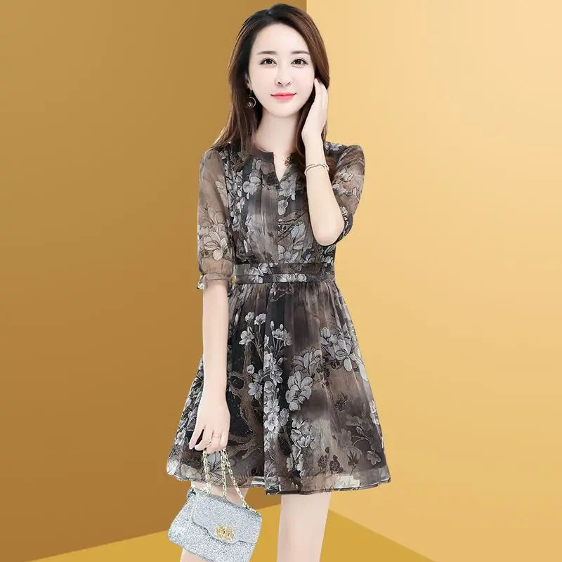 Elegant Printing Spliced Folds Chiffon Floral Dress Women Clothing 2024 Summer New Loose Office Lady Butterfly Sleeve Mini Dress