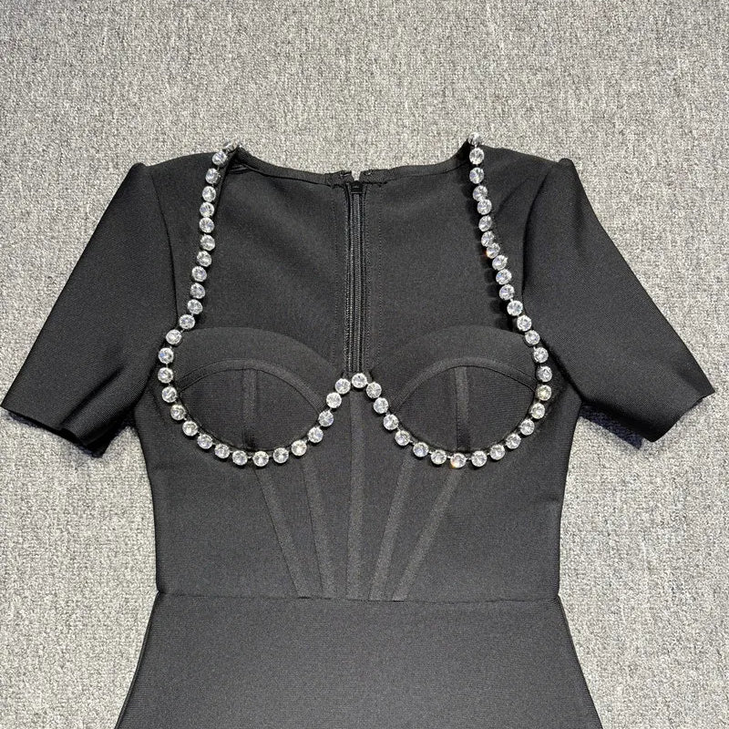 Black Color Women Sexy Short Sleeve Square Collar Feathers Bodycon Mid-calf Bandage Dress Celebrate Nightclub Party Fashion Wear