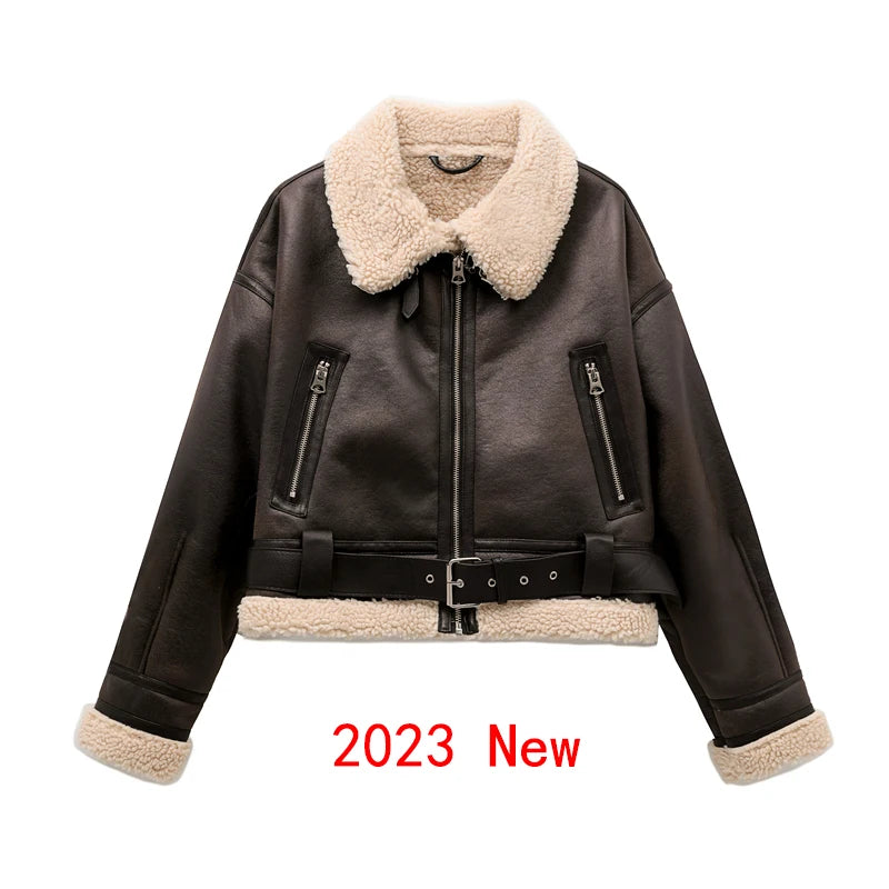 RARF 2024 New Woman's Fashion Thick Warm Faux Shearling Jacket Coat Vintage Long Sleeve Belt Hem Female Outerw brown