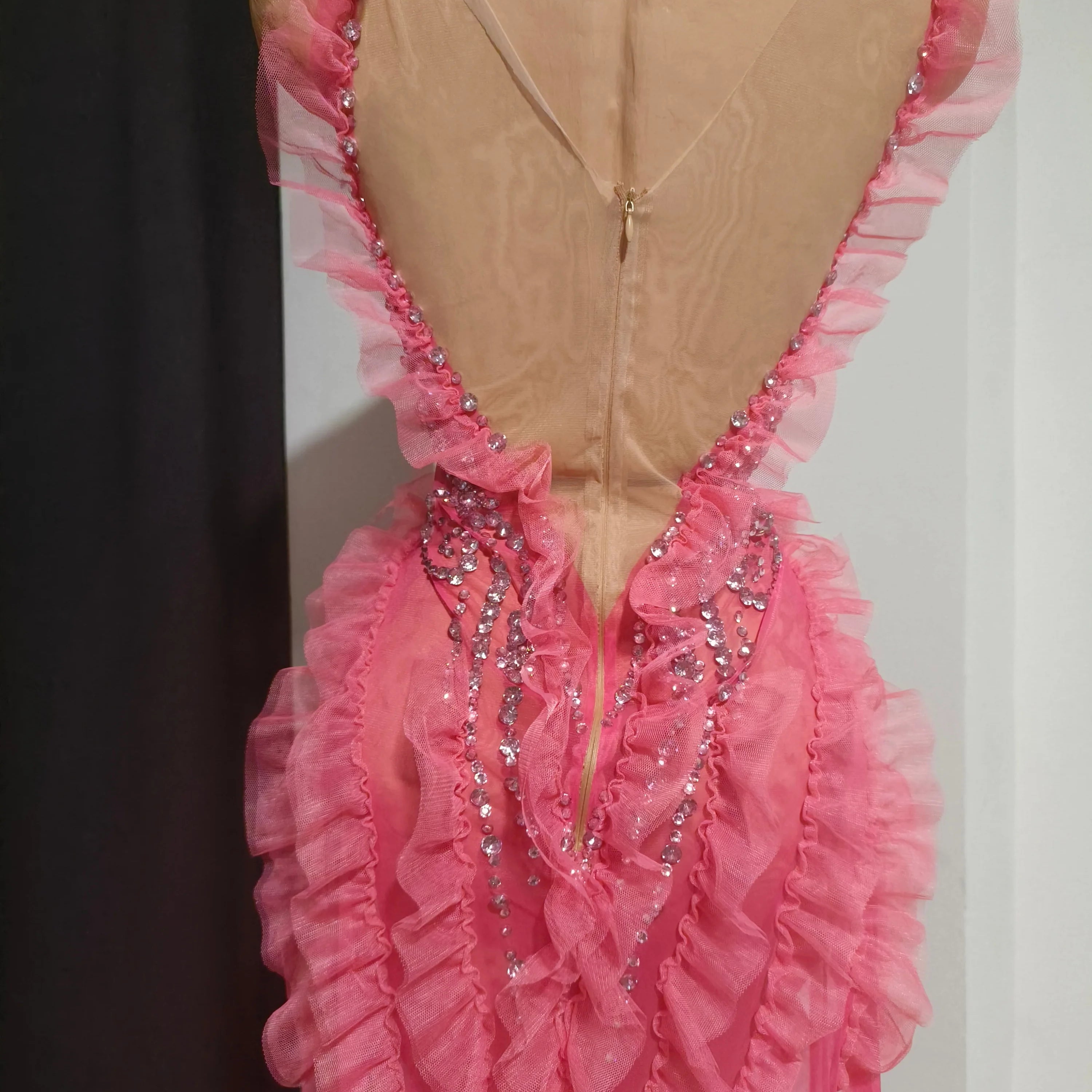 Women Sheer Mesh Rhinestone Ruffle Embellished Latin Dance Performance Costume Elegant Pink Spaghetti Strap Mini Dress
