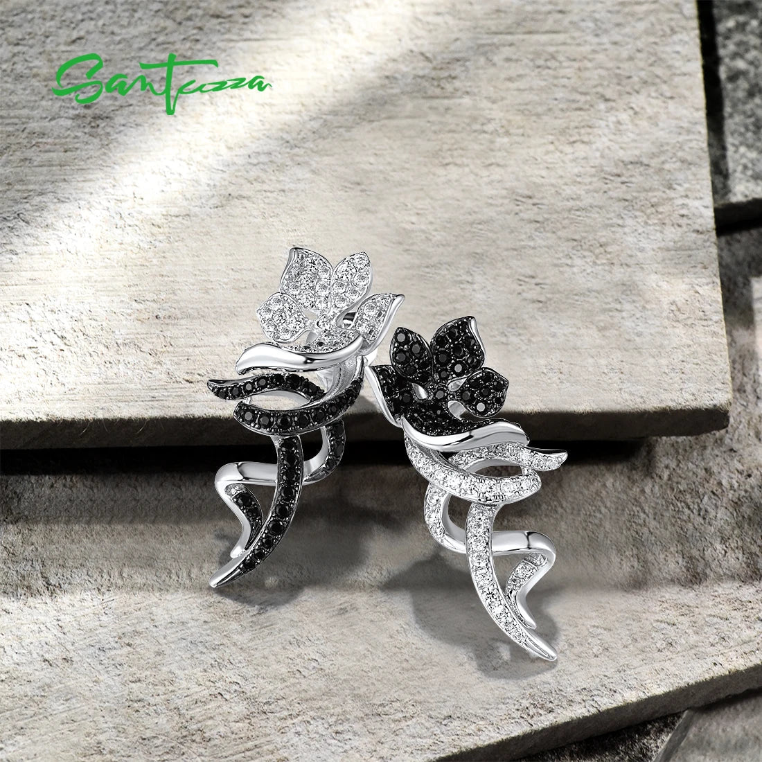 SANTUZZA Authentic 925 Sterling Silver Dangling Earrings For Women Sparkling White Black Flower Party Gift Elegant Fine Jewelry