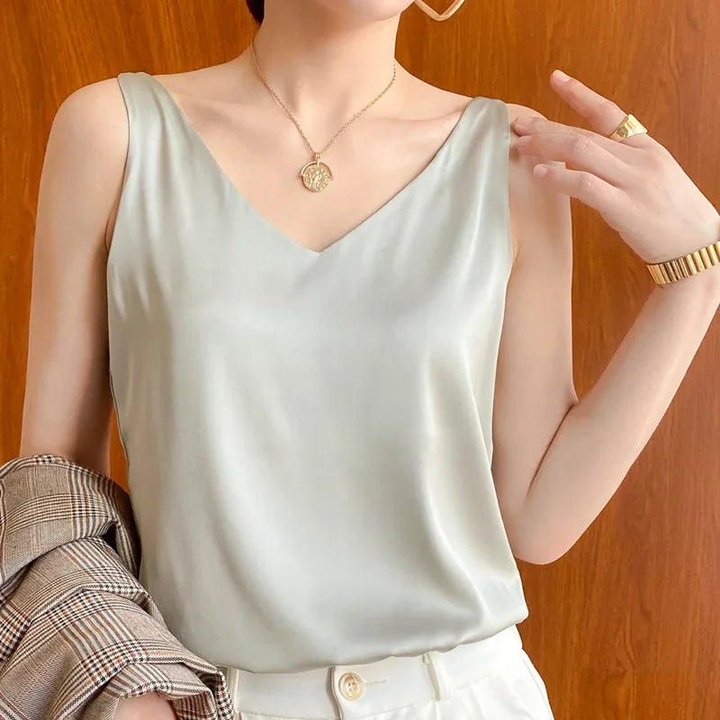 Ice Silk Camisole Women's V-neck Tops White Satin Camis Mulberry Summer Ladies' Crop Top Women Solid Blouse Vest Bean Paste Green