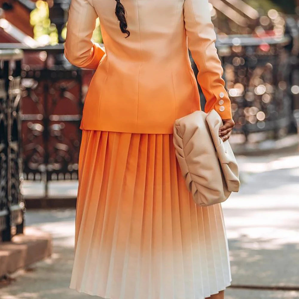Plus Size Business Casual Skirt Set Orange Gradient Pleated Long Sleeve Blazer Suit Two Piece Skirt Set