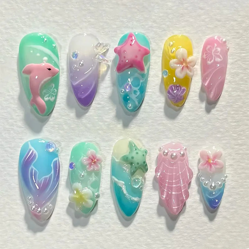 24Pcs 3D Green Ripple Design False Nails Cat's Eye French Almond Fake Nail Tips Leaves Pattern Removable Oval Press on Nails 2504-061