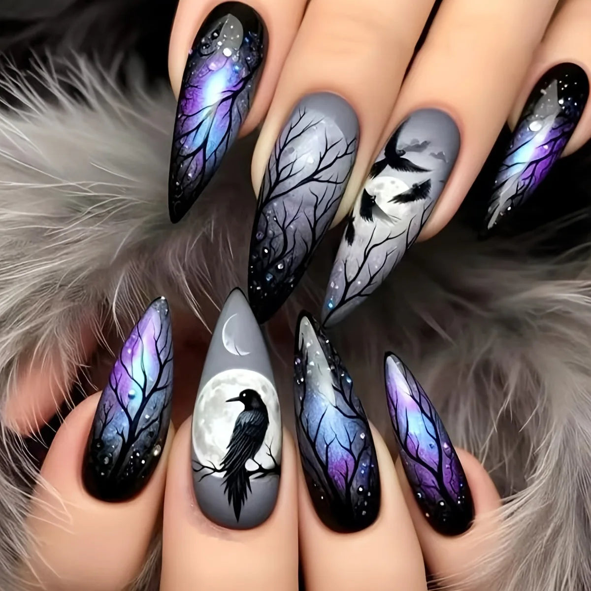 24pcs/set Short Medium fake nails for Halloween party Dead trees and crows bat Night sky Square almond tips press on false nail 2885