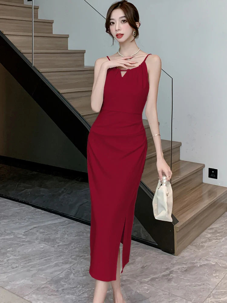 White Hollow Out Sexy Sling Long Dress for Women Korean Luxury Elegant Party Evening Dress Summer Fashion Bodycon Prom Robe