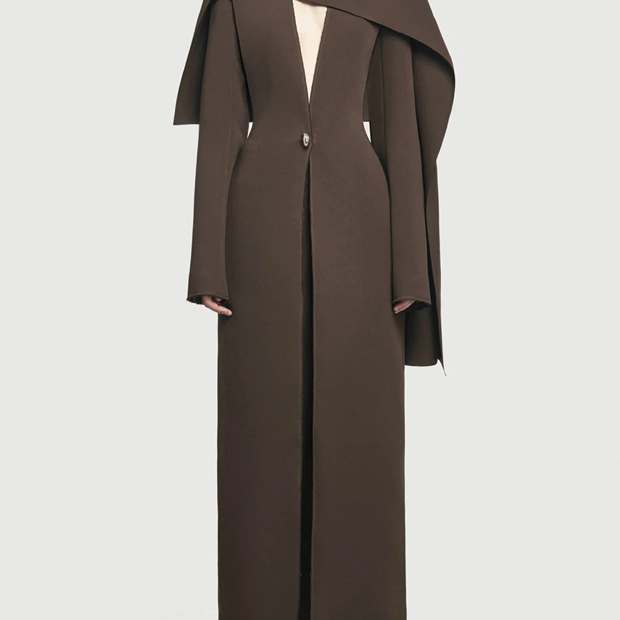 Solid Slimming Spliced Button Minimalist Jackets for Women V Neck Long Sleeves Patchwork Cape Jacket Female Fashion BROWN