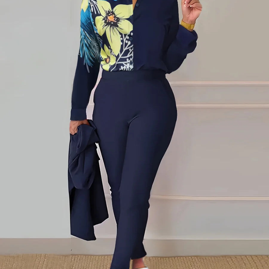 LW Plus Size Women Spring Summer Office Lady Elegant Long Sleeve Turndown Collar Shirt Floral Print Regular Fit Pants Set Navy Blue