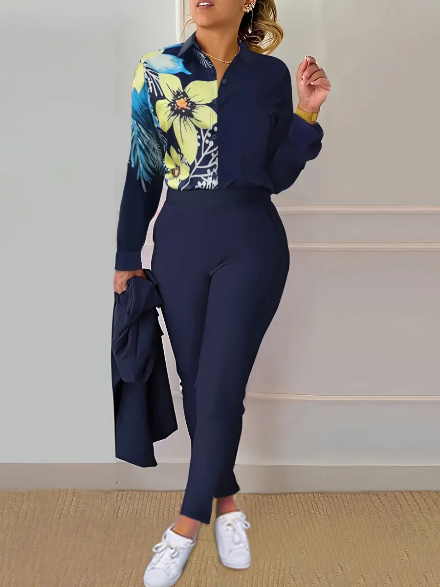 LW Plus Size Women Spring Summer Office Lady Elegant Long Sleeve Turndown Collar Shirt Floral Print Regular Fit Pants Set Navy Blue