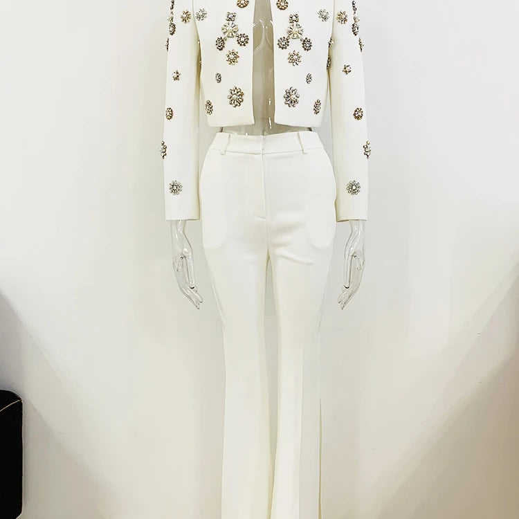 HIGH STREET Newest Fashion 2024 Designer Suit Set Women's Pearls Diamonds Rhinestone Beaded Trimed Jacket Flare Slit Pants Suit WHITE