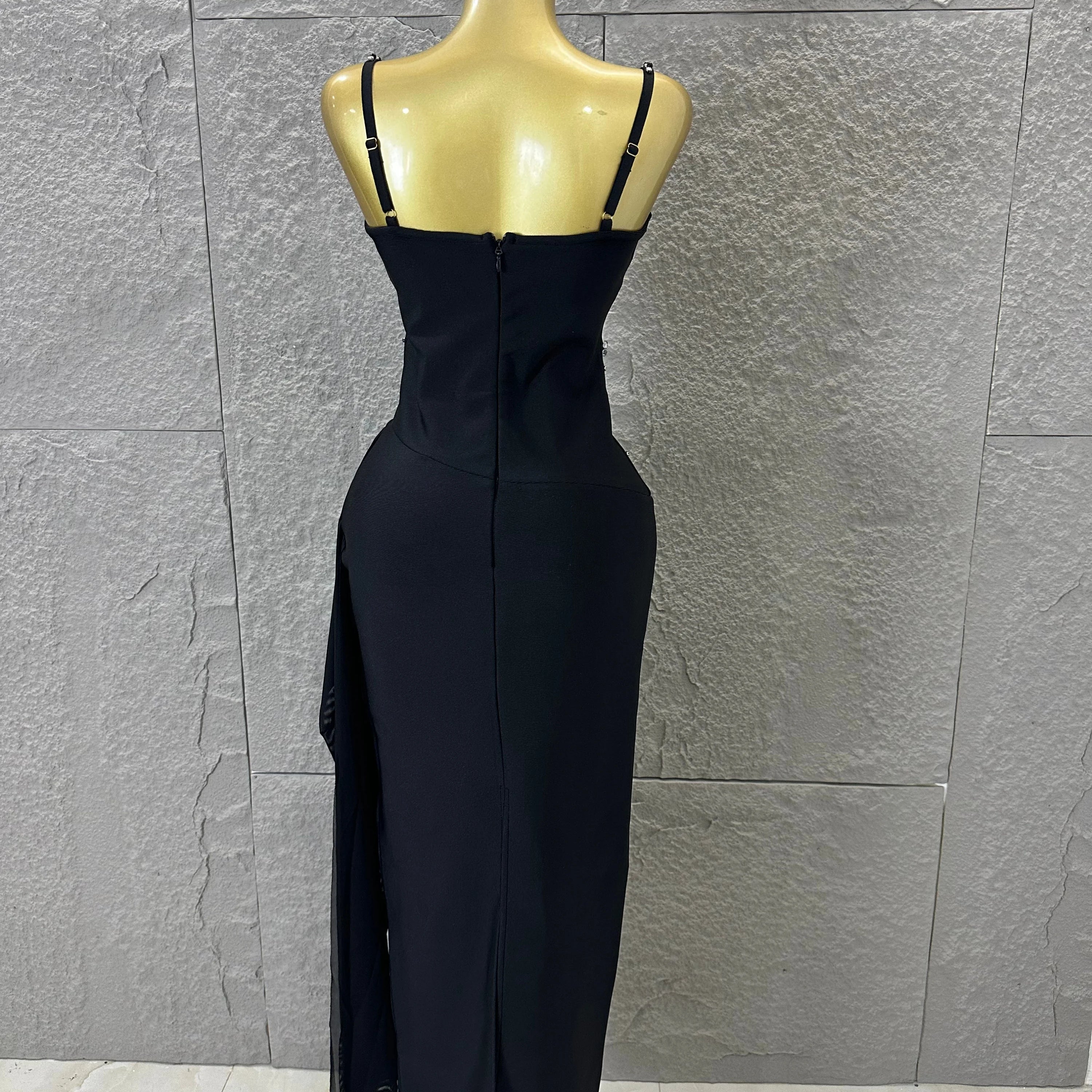 Luxury Black Beaded Corset Maxi Dress Spaghetti Strap Ruched Draped Skirt Formal Gala Evening Cocktail Photoshoot Party Dress